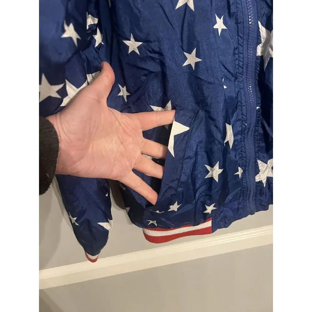 Vintage On The Brink Jacket Unisex Small White Red Blue‎ Stars Windbreaker Lined
